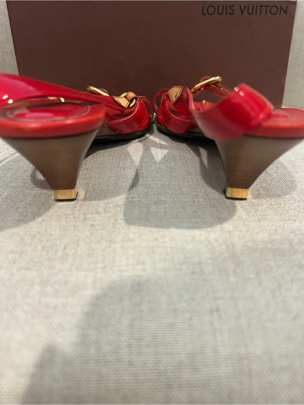 Louis Vuitton Patent Leather Red Slingback Sandals with Gold Accents - Picture 6 of 8
